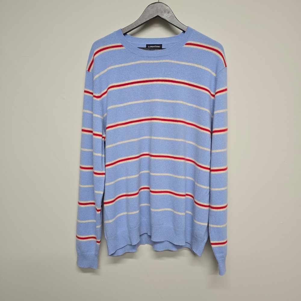 Vintage Lands End Striped Sweater Mens XL Blue 100% Cashmere Crew Neck Preppy